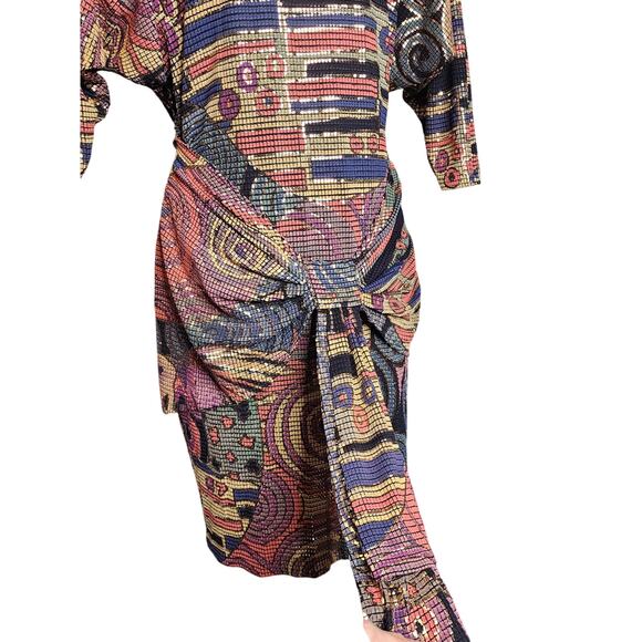 Vtg 80s Cache Funky Colorful Abstract Avant Garde Party Shimmer Italy Dress Sz M - Picture 4 of 8